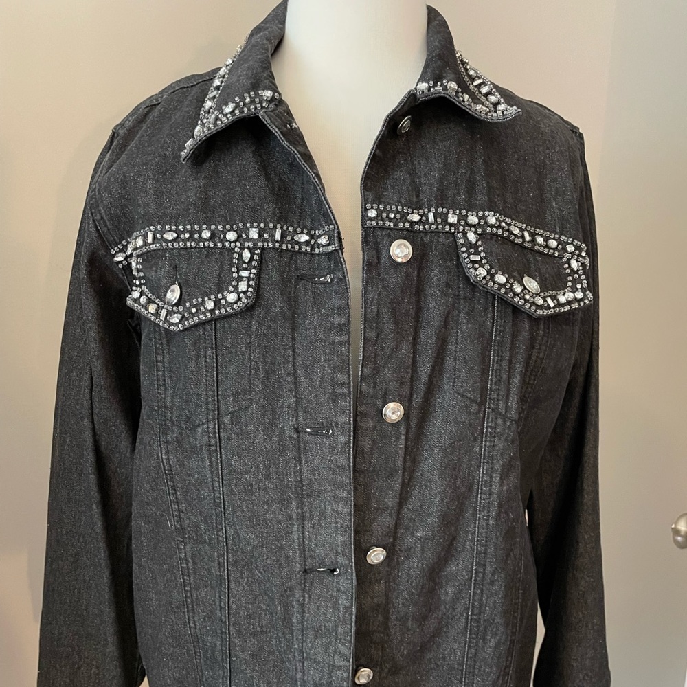 Quaker Factory black jean jacket w/ jewels, bedazzled, S, excellent condition